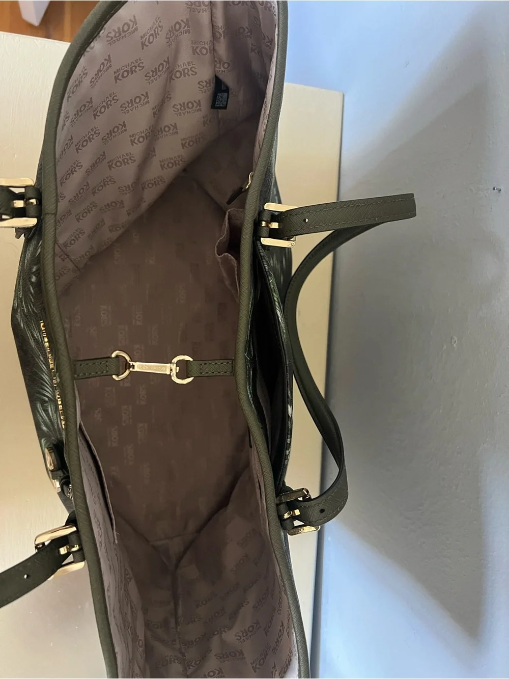 Michael Kors Green Palm-Print Tote with Gold Hardware